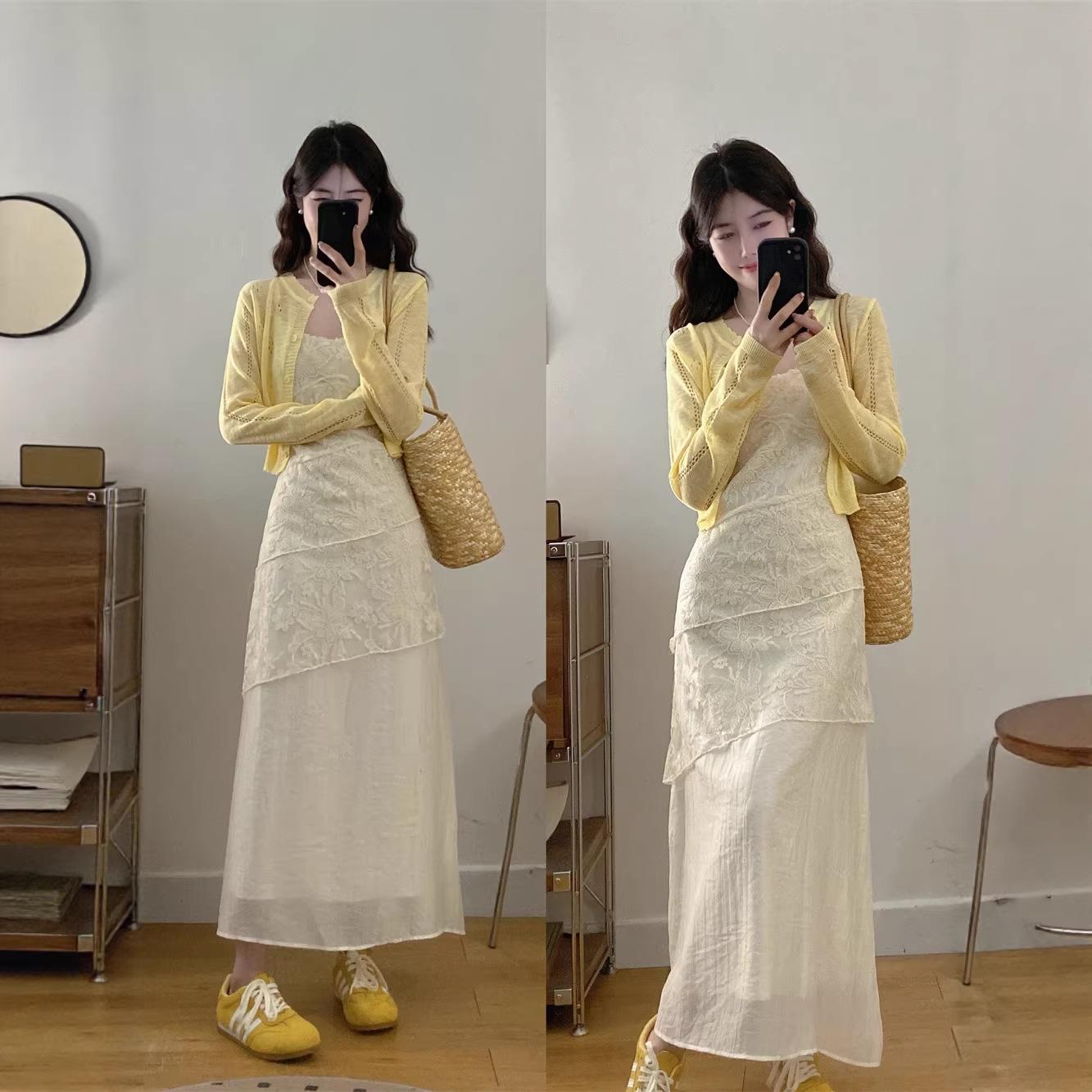 

Plus Size Summer Camisole Lace Dress & Long Sleeve Cardigan Set XL
