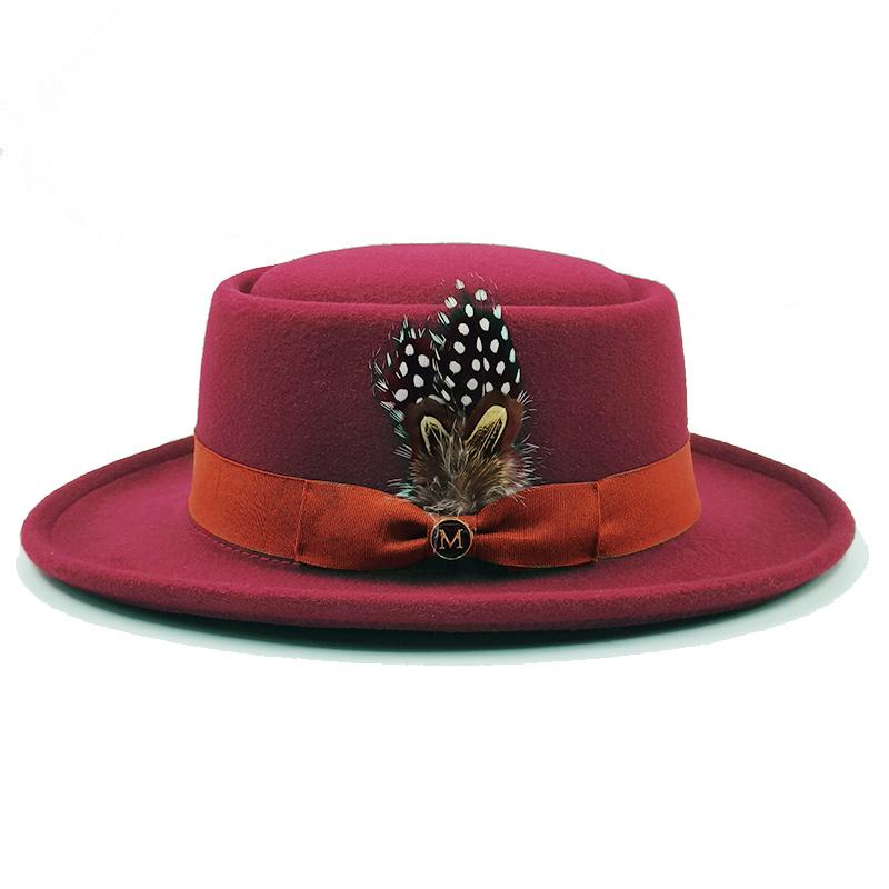Vintage Pork Pie Hat Men feather fedora hat Webbing Decorative flip-brim Felt hats Panama Gentlemen women Church Jazz Hat
