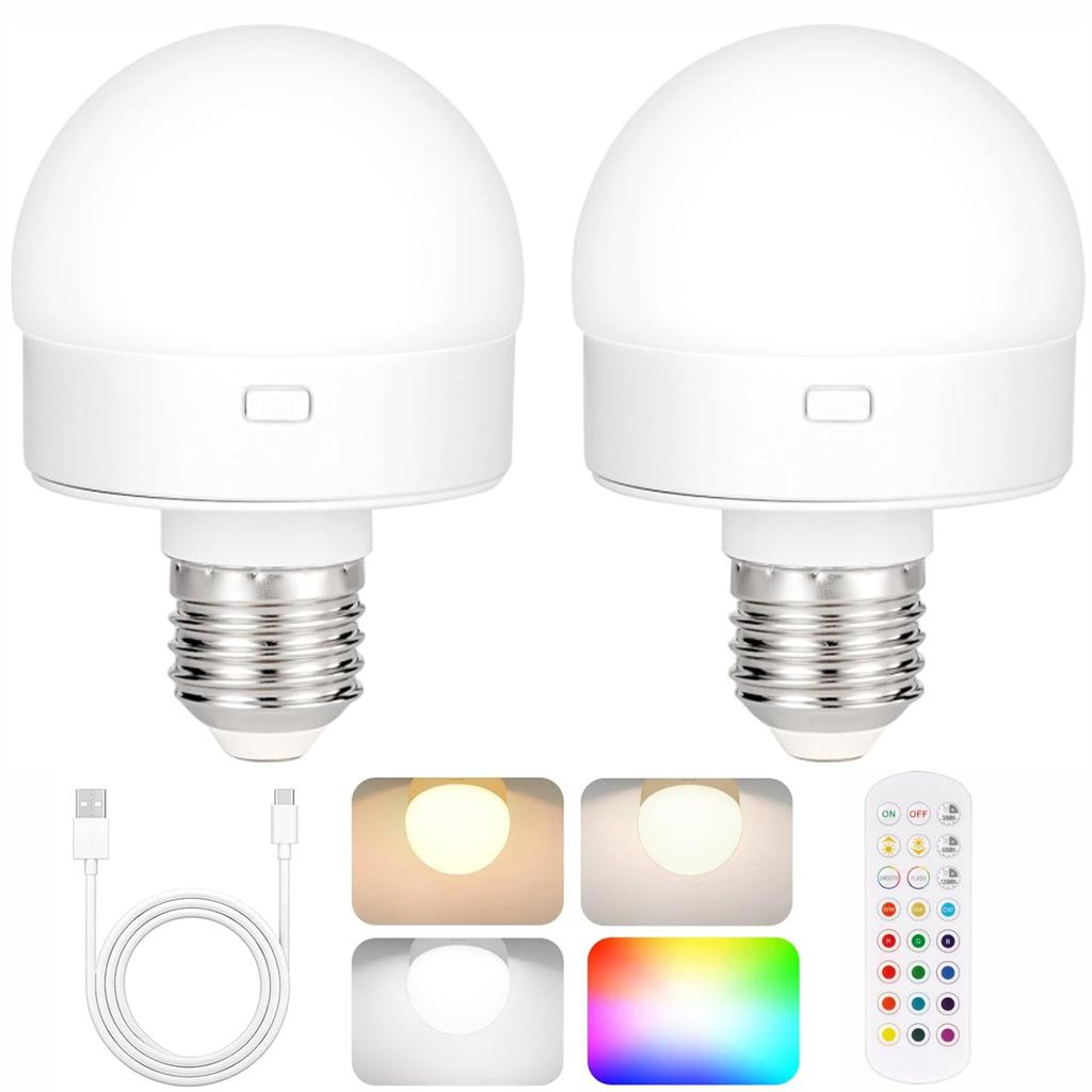 LED Rechargeable Light Bulbs Remote Control Battery Operated Light Bulb with Timer, Dimmable, 3 Color Temperatures