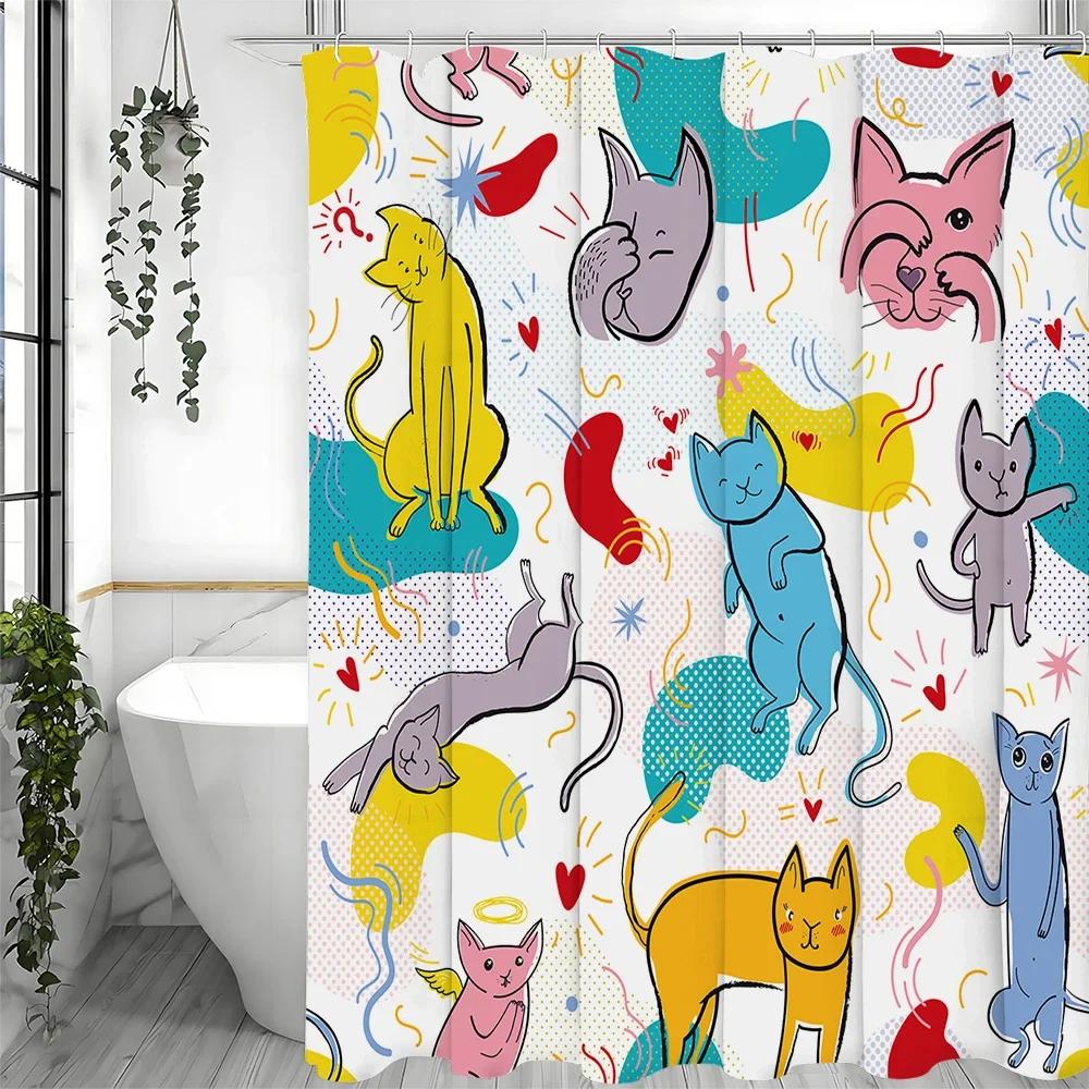Colorful and Quirky Cats Shower Curtain, Bathroom Decorative Shower Curtain, Waterproof Shower Curtain with Hooks 180x180cm