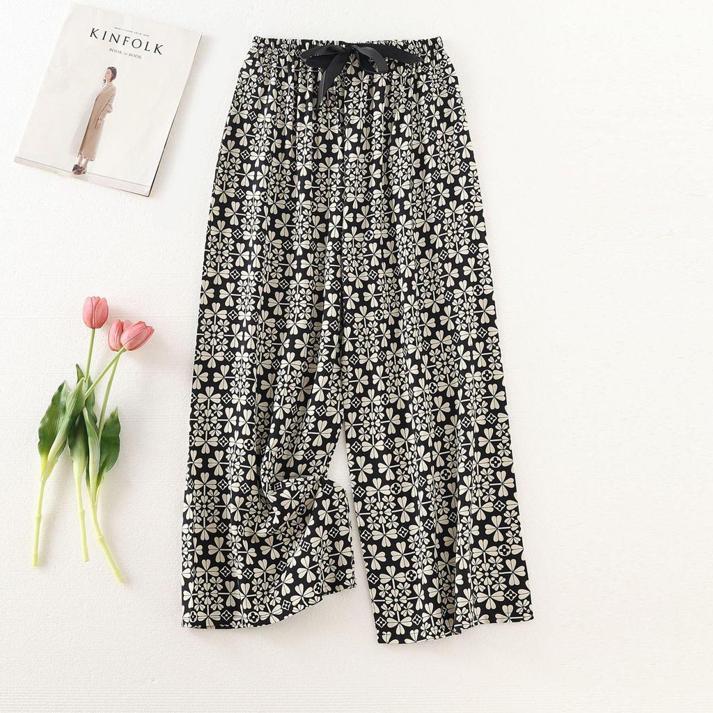 Women's Cotton-Silk Cartoon Pajama Pants, Summer Thin, Black & White Wide-Leg, Plus Size, Outdoor Beach Wear.