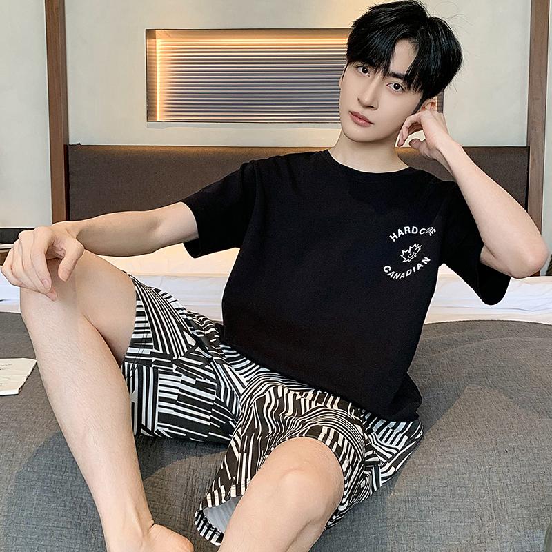 

Летняя тонкая хлопковая мужская пижама с короткими рукавами и шортами, серая пижама с рисунком для студентов, повседневные пуловеры, домашняя одежда L