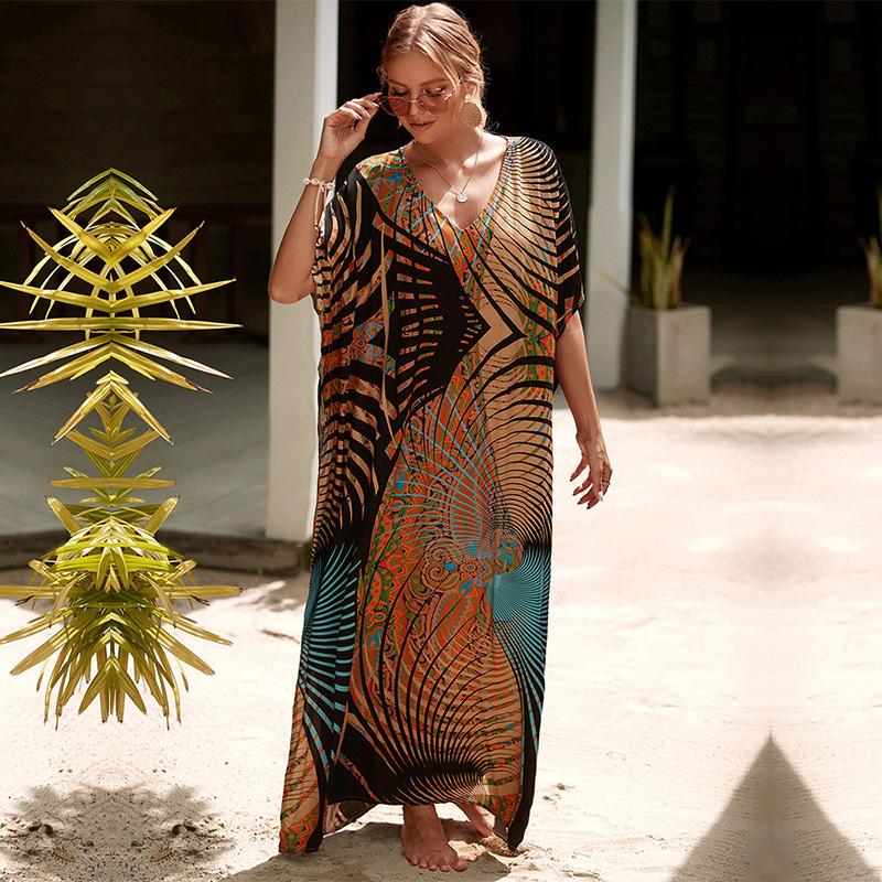 EDOLYNSA Různobarevné Kaftan Bohemian Potištěné Maxi šaty Batwing Sleeve Sleeve Sleeve Women Dámské plážové oblečení Polorukáv Maxi šaty Robe Q1342