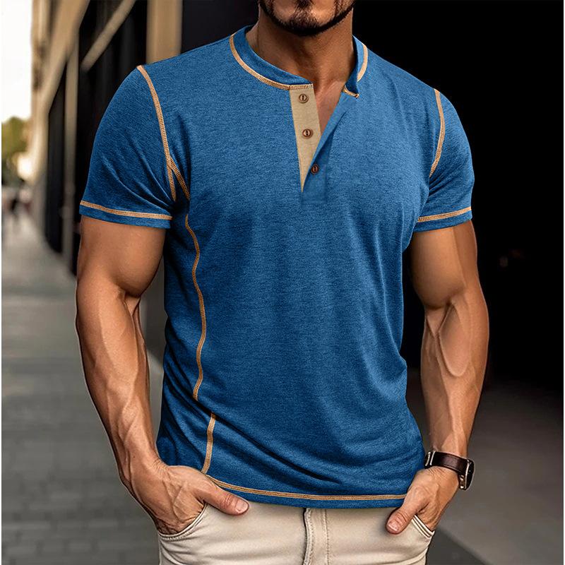 Herren Henley T-Shirts in Kontrastfarbe, Kurzarm-Freizeit-Tops mit Knopfleiste, Streetwear-Essential für den Sommer