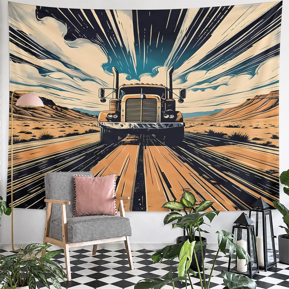 Vintage Semi Truck on Desert Highway Retro Pop Art Comic Style Wall Tapestry Trucker Decor for Man Cave Garage