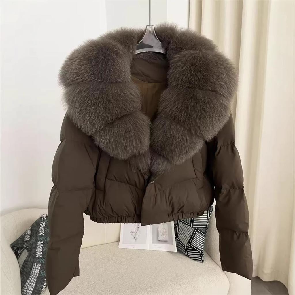 Women's Faux Fur Collar Puffer Jacket Solid Color Long Sleeve Short Winter Coat