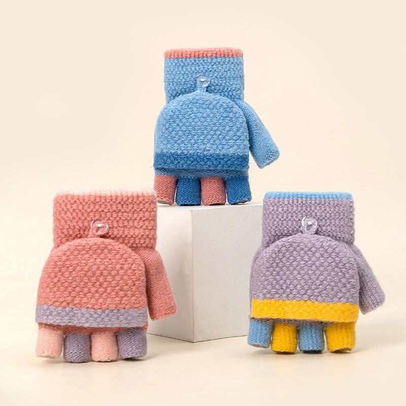 Gestreifte gestrickte doppellagige verdickte warme Halbfinger-Kindergarten-Jungen- und Mädchen-Winterkälte-Kinder-Klapphandschuhe