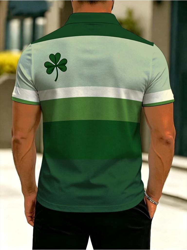 Men's Novelty Polo Shirt, Multiple Green Stripes & Four - Leaf Clover Design, Mixed Color, Multiple Sizes Available, Casual Daily Wear, Stylish &