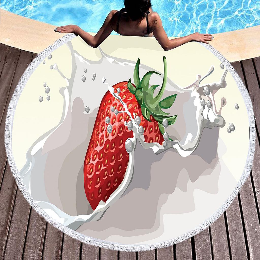 Sweet Cartoon Strawberry Round Beach Towel,Polyester Sand Resistant Beach Blanket,Soft Absorbent Quick Dry Pool Towel Picnic Mat