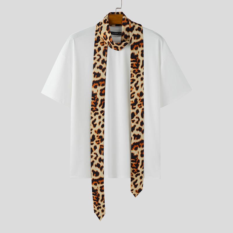 

INCERUN Чоловіча леопардова футболка з коротким рукавом, що зав язується на шиї, повсякденна 5XL білий