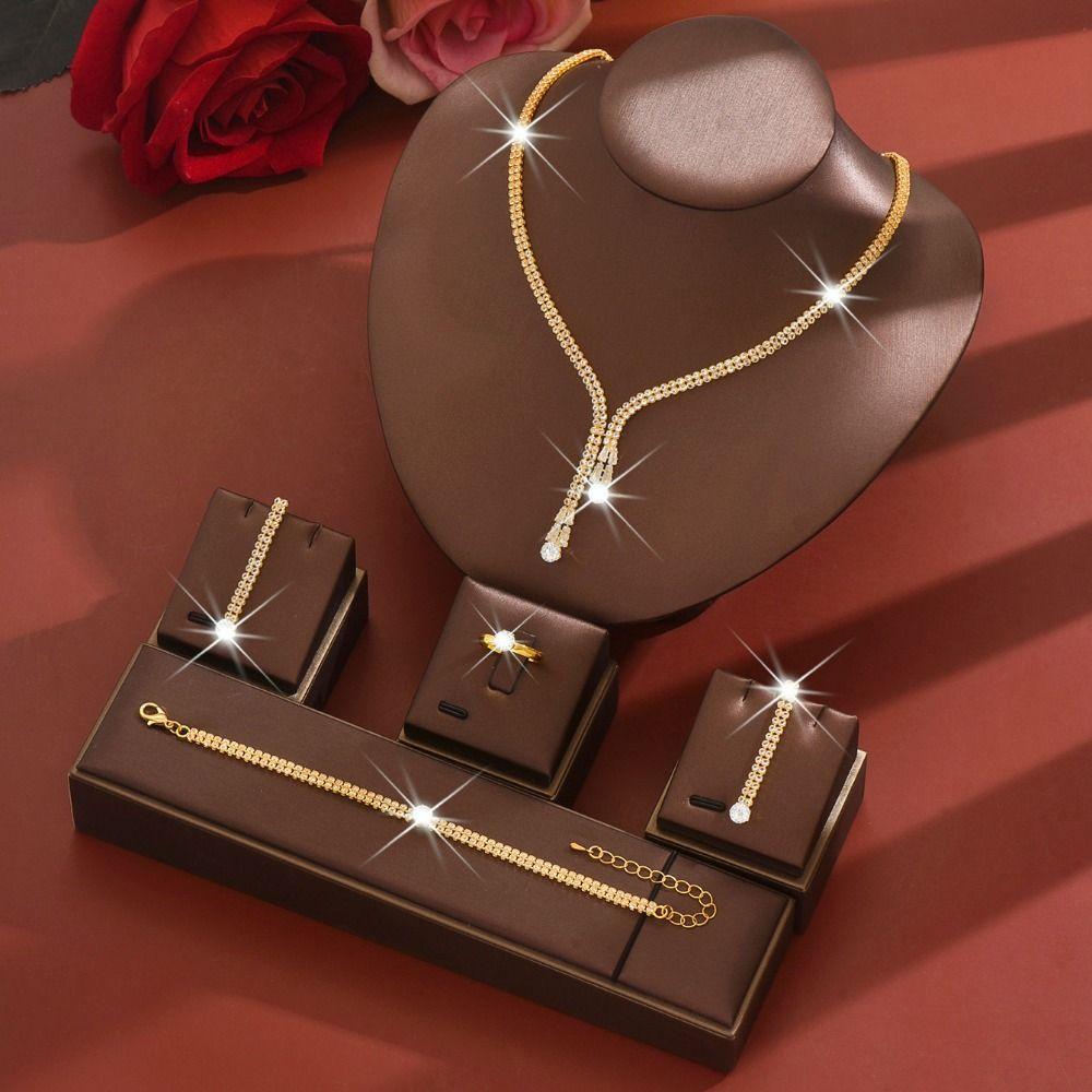 Light Luxury Earrings Bracelet Necklace Ring Set Minimalist Crystal Earrings Chain Set Party Gift