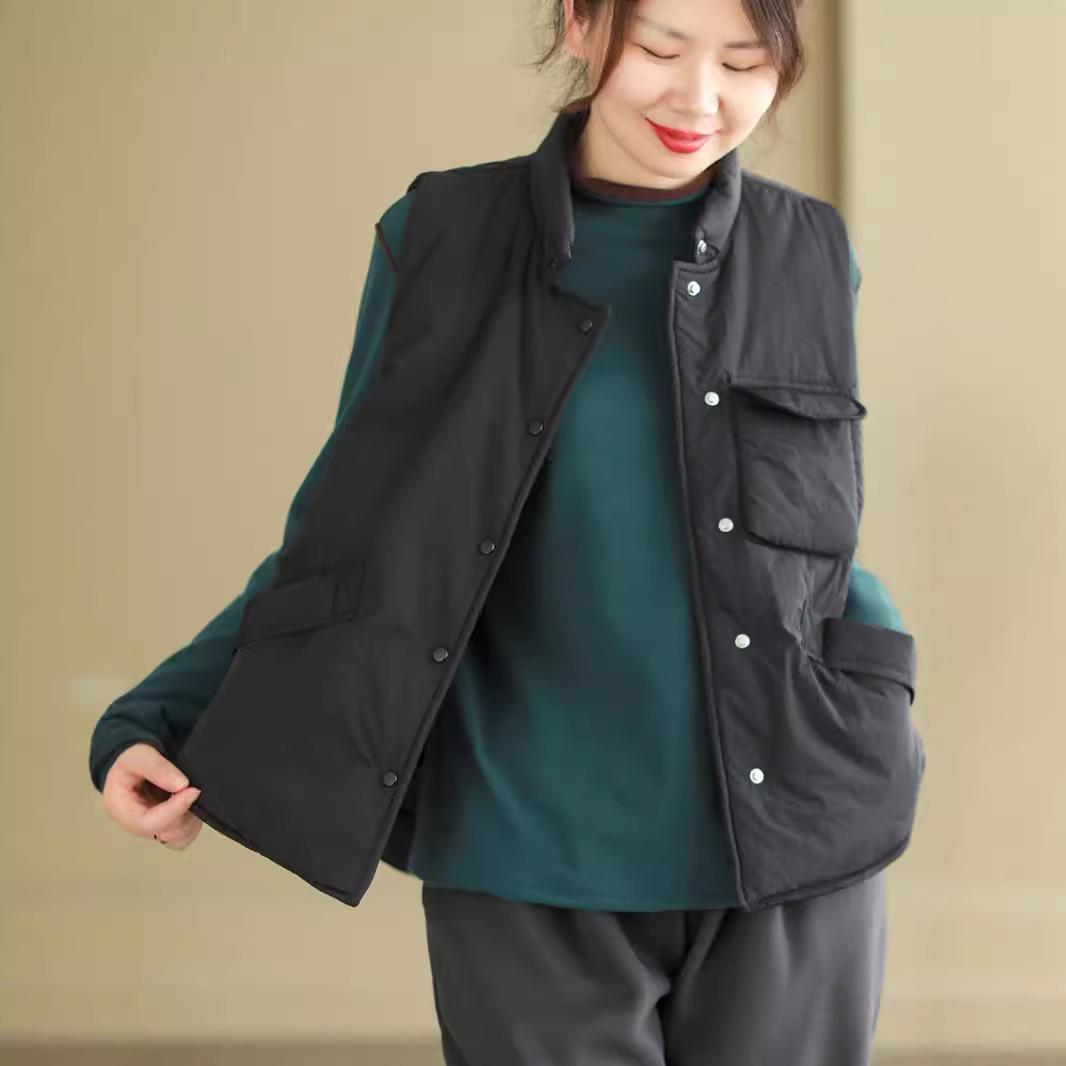 

Осенне-зимний ретро повседневный жилет женский с воротником-стойкой без рукавов стеганый утолщенный однотонный теплый жилет XXL чёрный