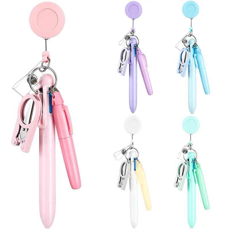 Macaron Nurse Pen Set Badge Mini Scalable Badge Accessories Ballpoint Pen Fluorescent Pen Folding Scissors Keychain