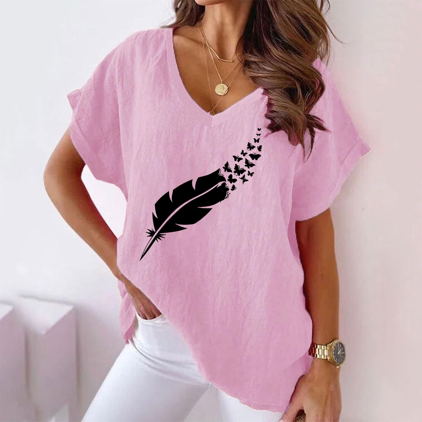 

Літо 2023 р. Жіноча повсякденна футболка з летючою мишею і короткими рукавами з принтом із пір’ям і V-подібним вирізом 5XL рожевий