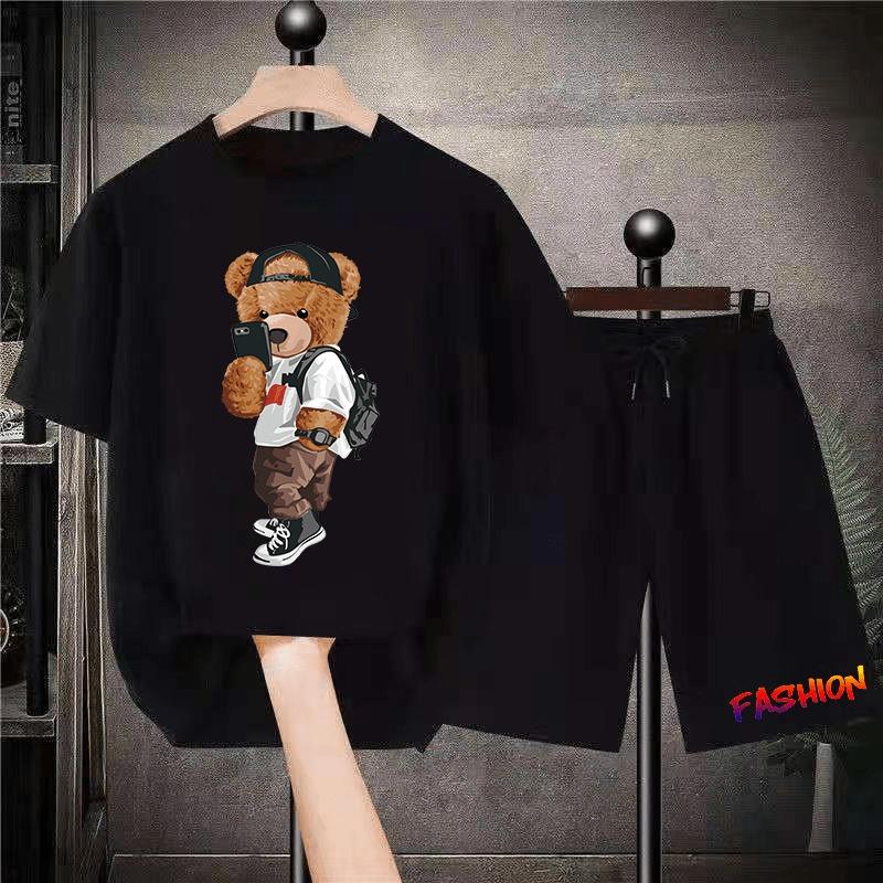 Korean Brand Bear Print T-shirt Men's Cotton Short-sleeved Oversized T-shirt Hip-hop Retro Suit Unisex Free Shipping