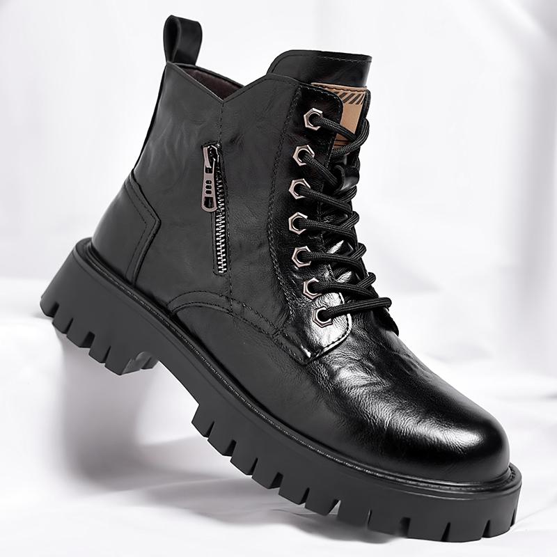 Casual Leather Men's Cowboy Boots Sneakers Platform Motorcycle Boots Winter Plush Snow Male Ankle Boots High Top Shoes
