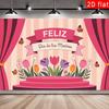 2D Pink Stage Backdrop for Feliz Dia De Las Madres, Striped Floral Curtain Design Mother's Day Party Banner