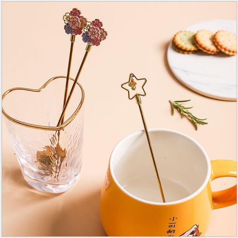 1PCS Kitchen Coffee Tableware Cherry Blossom Spoon Fork Stainless Steel Coffee Spoon Kitchen Star Long Handle Stirring Spoons