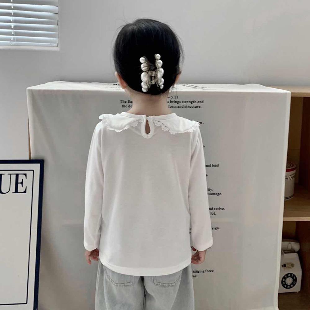 Girls' White Peter Pan Collar Long Sleeve Cotton T-Shirt for Spring/Autumn