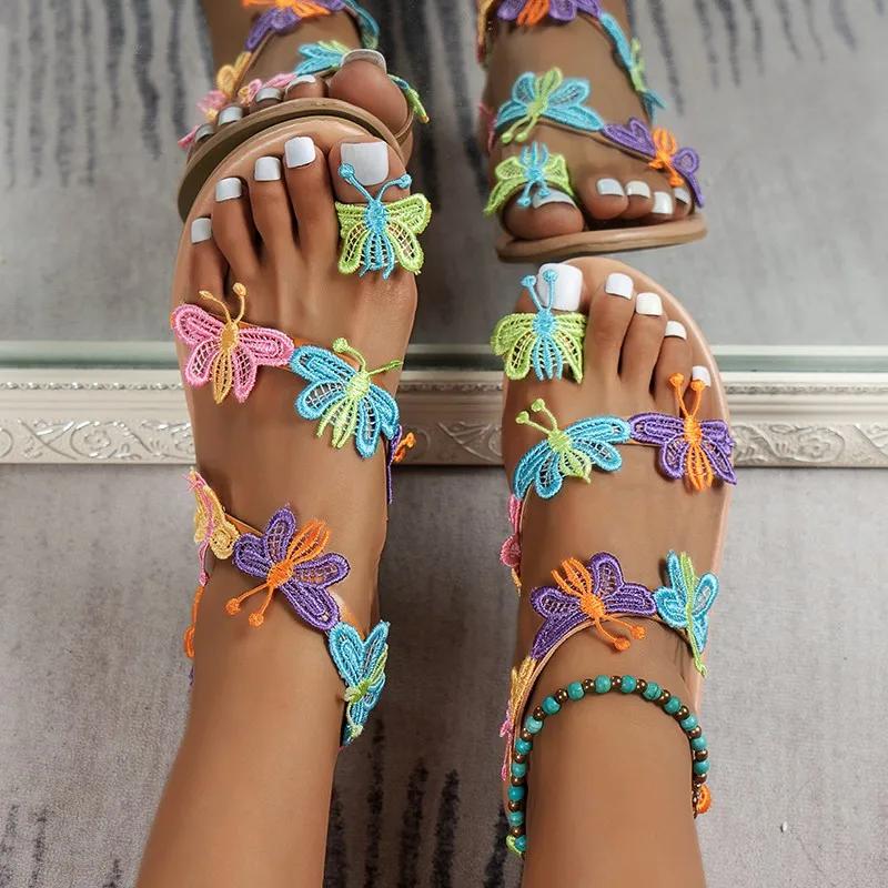 2025 Summer Women Sandals Sweet Boho Bow Decoration Sandals Leather Flat Sandals Plus Size Women Beach Holiday Shoes Zapatos