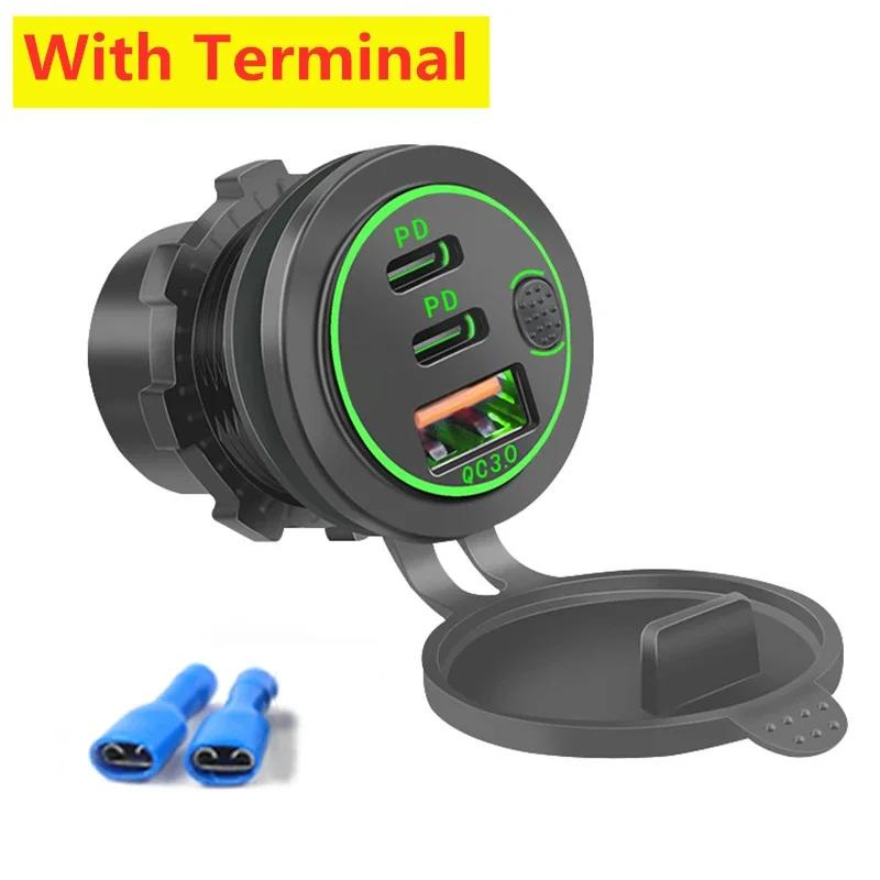 Dual PD & QC 3.0 3-Ports Quick Charge 112W Aperture Car Fast Charger Outlet Socket For 12V 24V Motorcycle Boat Marine Truck ATV