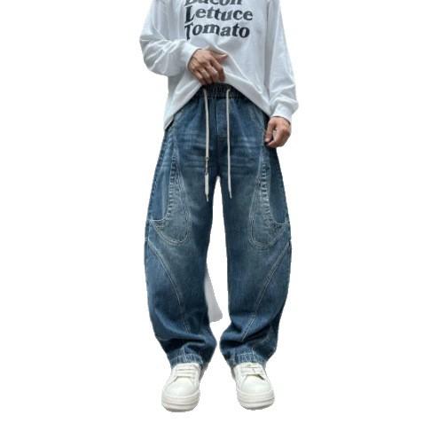 American retro washed blue jeans men's autumn new loose wide-leg pants drawstring elastic waist trousers