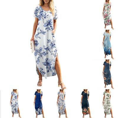 Damen Sommerkleid mit Blumendruck, lässig, locker, kurzärmelig, Strand, Maxikleid mit Schlitz