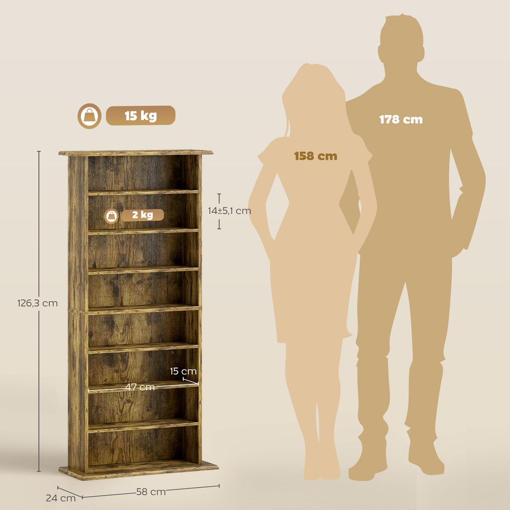 CD/DVD Storage Unit, 8 Compartments, 6 Shelves, 360 CDs, Brown