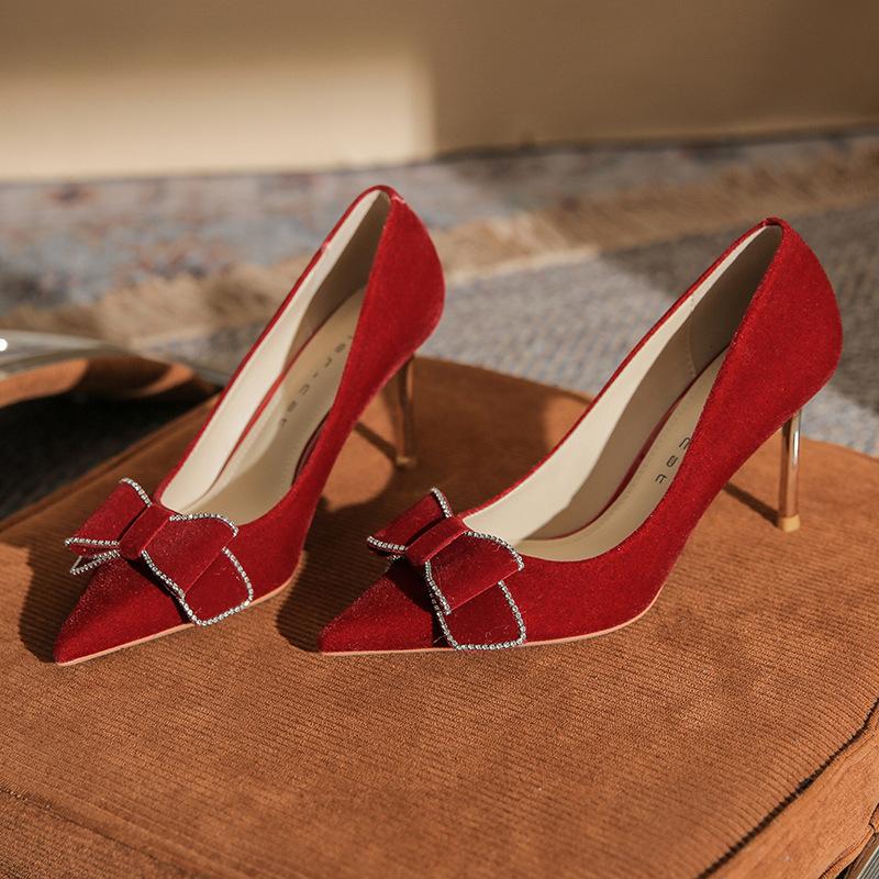 817-8 High Heels Women's Thin Heels 2025 New Pointed Head Shallow Mouth Single Shoes Show Clothes Red Bridal Wedding Shoes