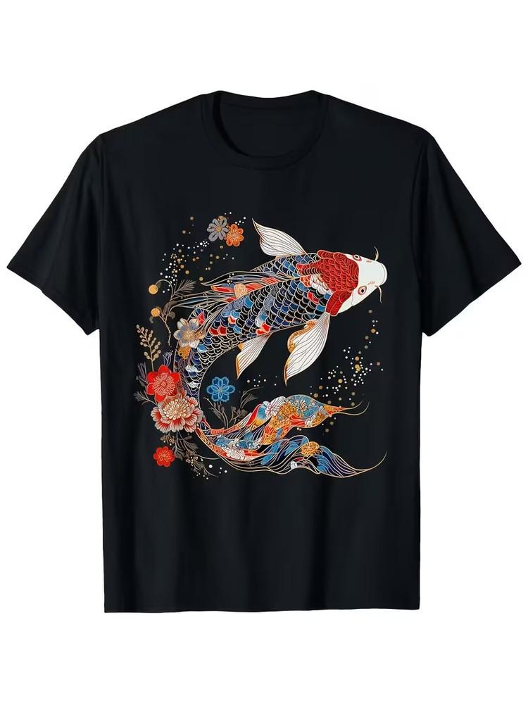 Koi Fish Vintage Flower Pattern Japanese Art Floral Koi Carp T-Shirt