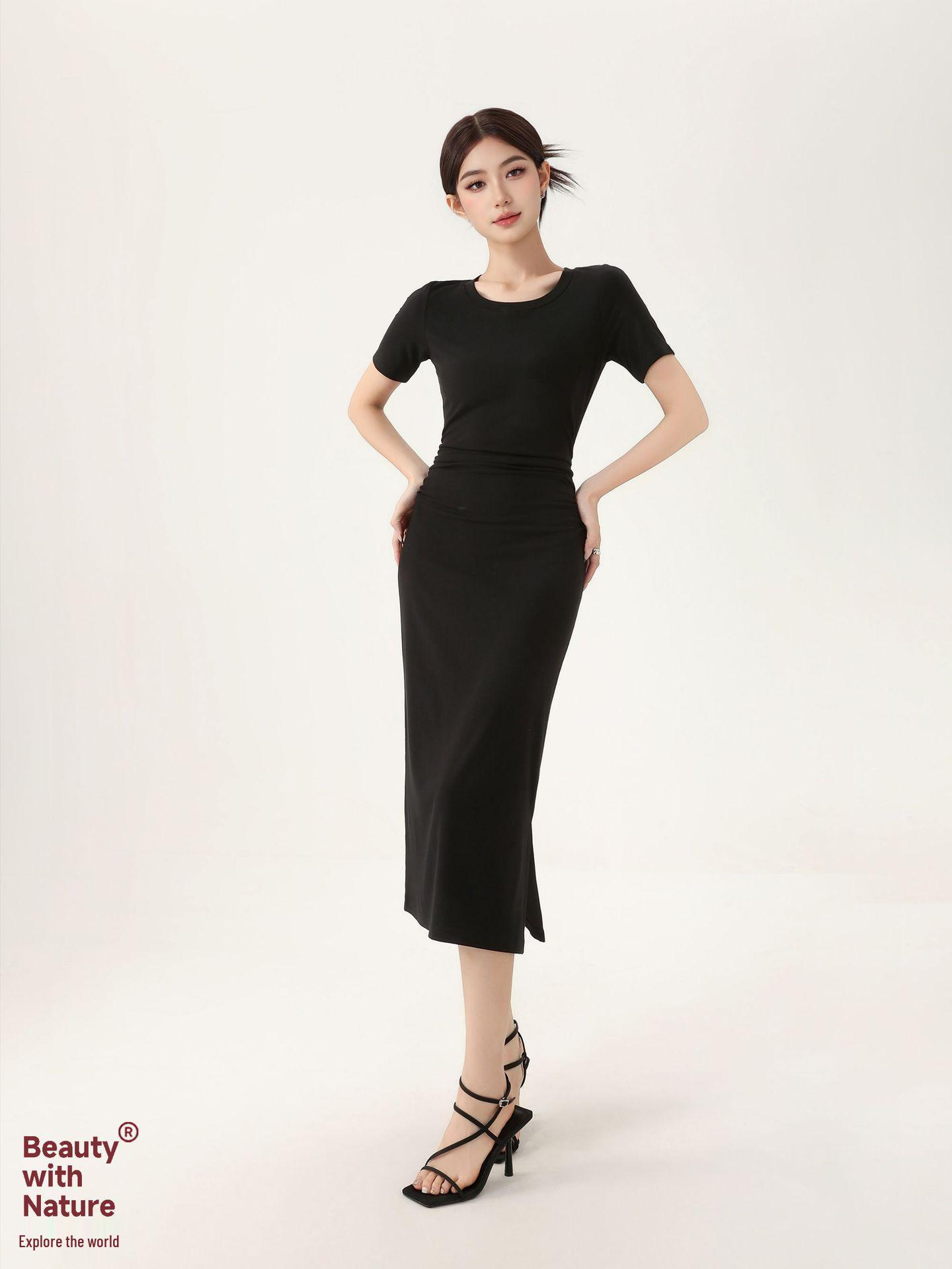 Modal Crew Neck Ruched Waist Knee-Length Dress - Short Sleeve, Slimming, Simple, Versatile Fashion XL