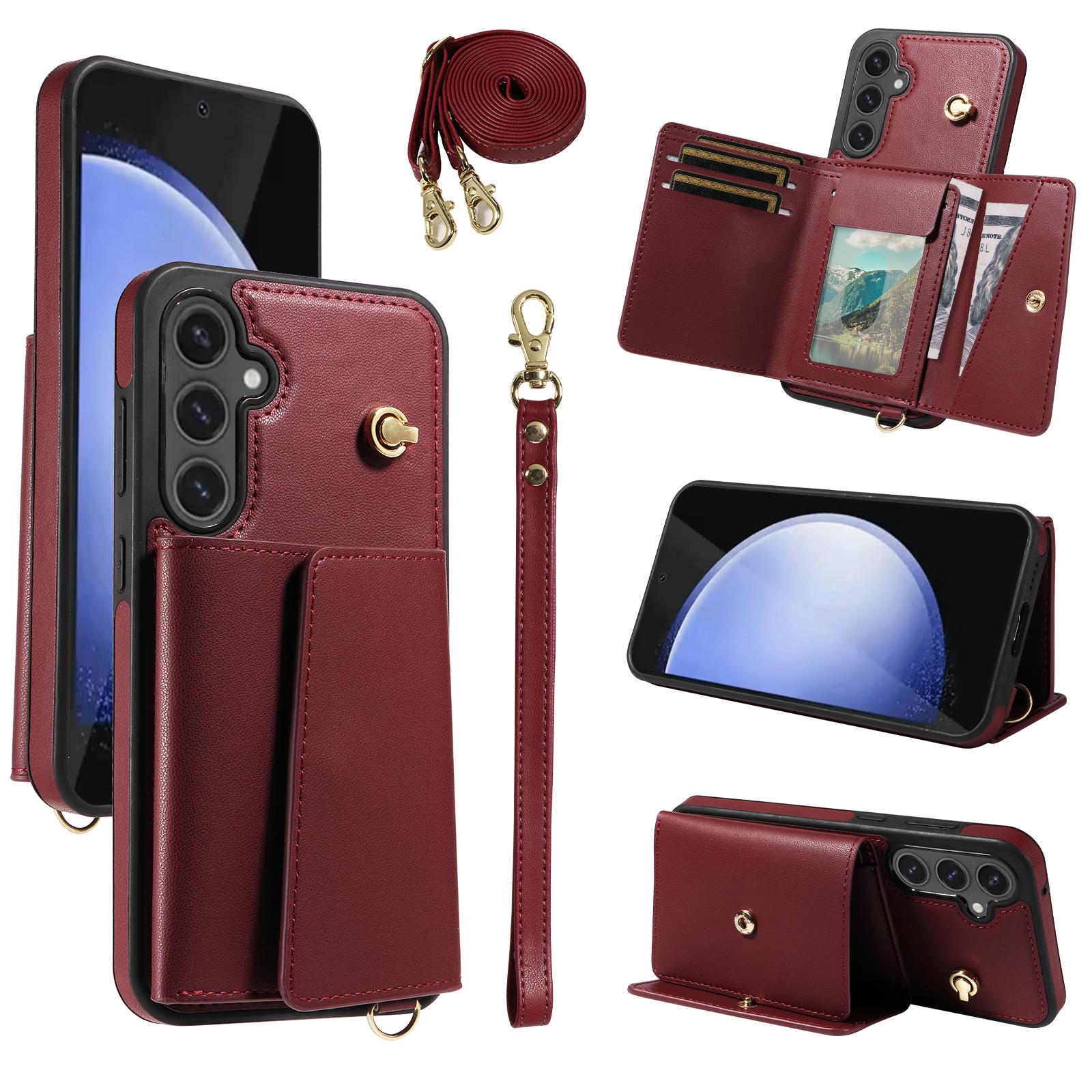 

Для Samsung Galaxy S24 FE Чехол-кроссбоди для телефона с держателем для карт и подставкой, покрытый кожей ТПУ чехол для мобильного телефона Wine Red