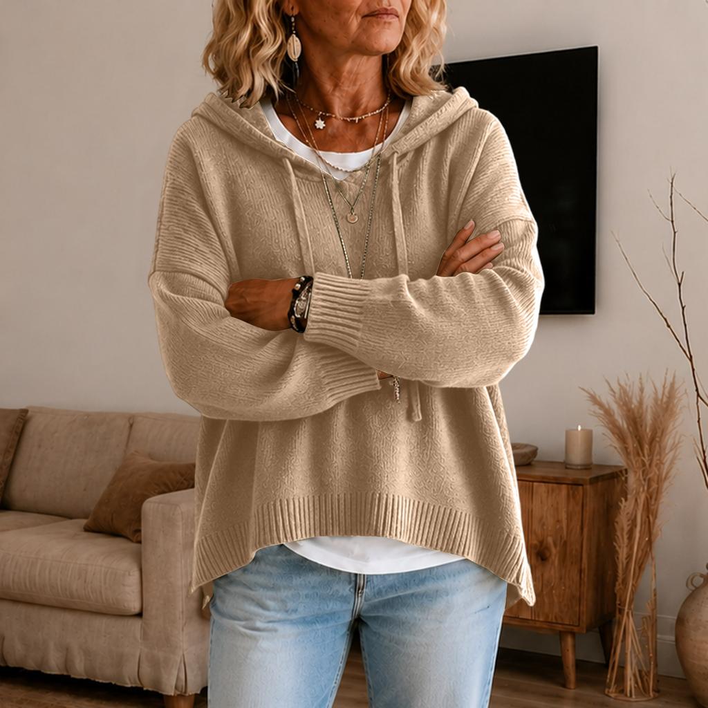 Women's Hooded Knitted Pullover Sweater Long Sleeve Loose Fit Casual Top