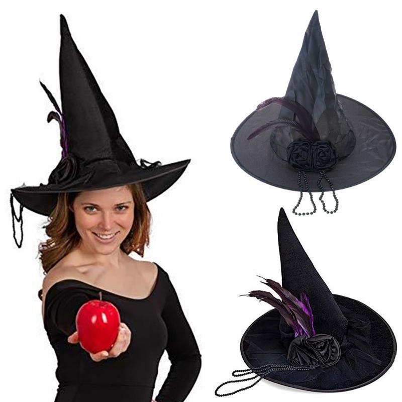 Halloween Party Velvet Witch Hats Party Wide Brim Pointed Hat Accessory Black Witch Hat with Chain Conjurer
