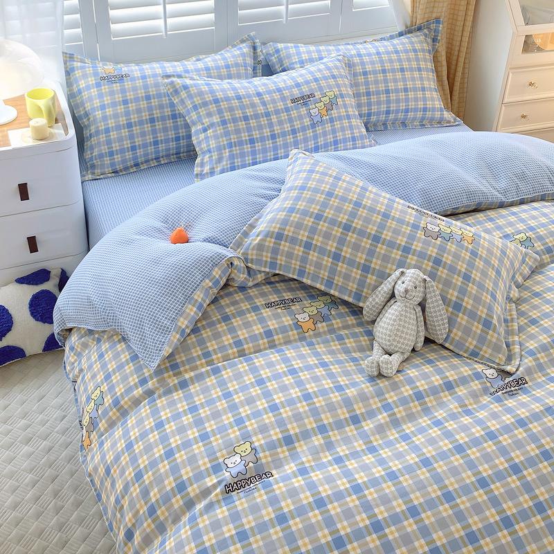 INS Double-sided Availability Pink Blue Cute Cat And Rabbit Bedding Set Duvet Cover Sheets With Pillowcases Full Size Bedroom