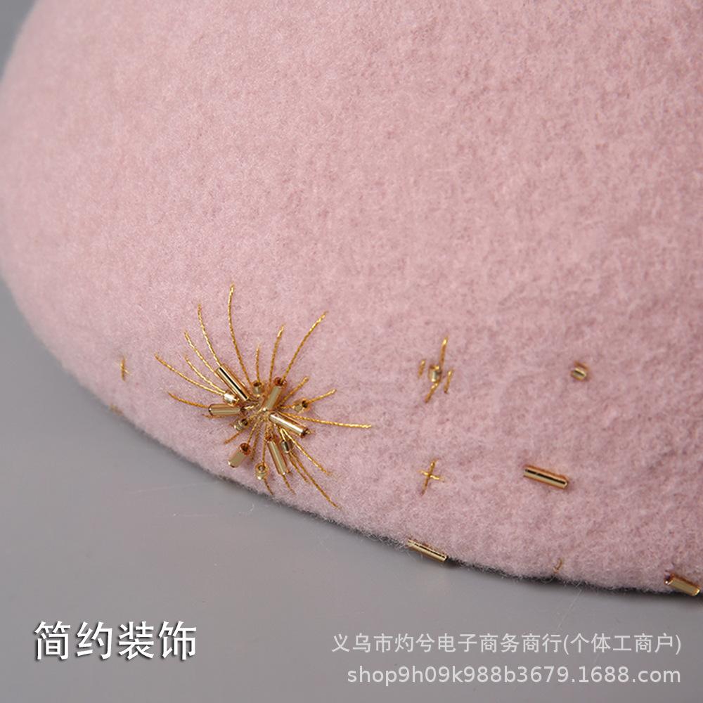High-quality heavy industry hand-sewn pearl wool beret women's winter elegant versatile painter hat warm stewardess hat tide