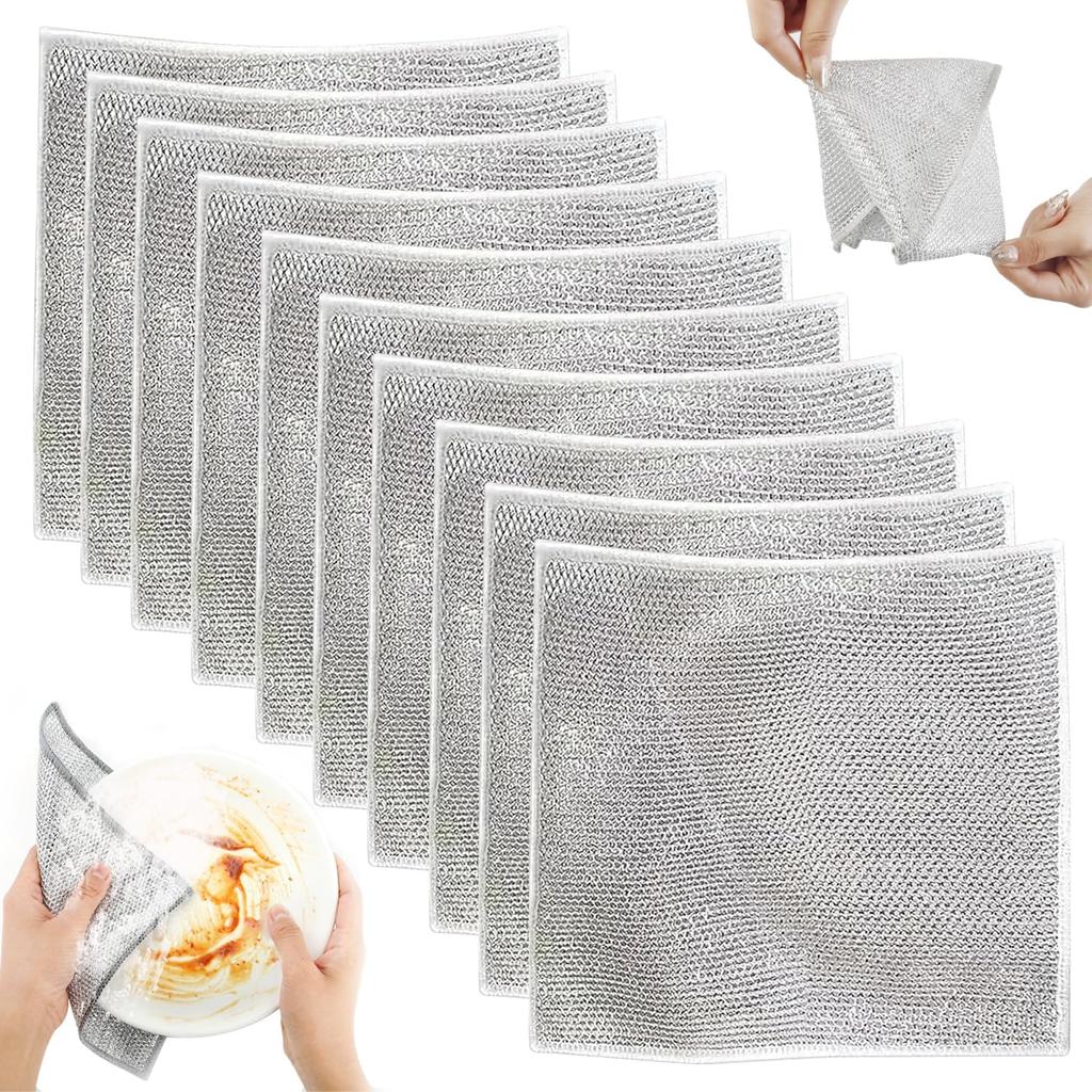 10pcs Thickened Steel Wire Cleaning Cloth Non-Scratch Double-layer Iron Microfiber Mesh Dishrag Washing Pot Rags Kitchen Towels