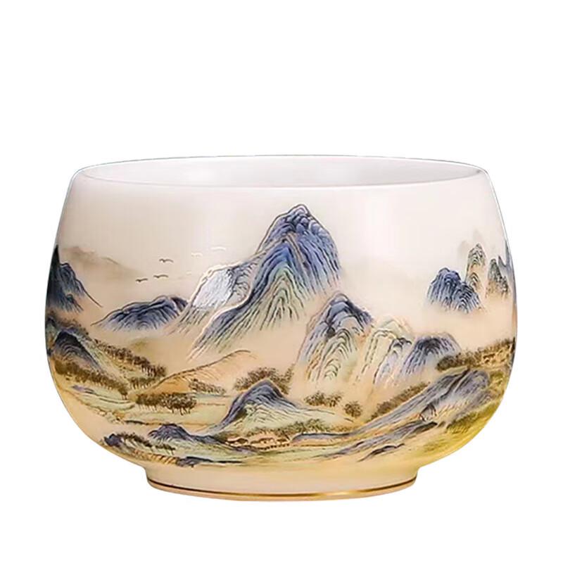 Handmade Mutton-fat Jade Porcelain Teacup - A Thousand Li of Rivers and Mountains Gift Set
