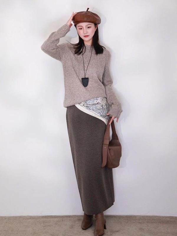 Women s Wool Blend Elastic Waist Midi Knit Skirt - 2026 Spring H-Line Hip-Hugging Over-the-Knee Skirt L хизер серый
