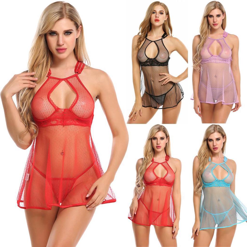 Women Sexy Lingerie Dress Babydoll Halter Underwired Open Back Sleepwear Nightwear with G-string