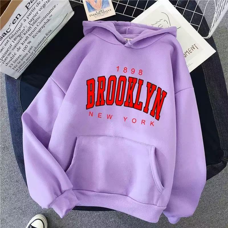 Women Hoodie Brooklyn Letter Print Fleece Lined Thick Oversized Loose Mid-Length Pullover Hooded Sweatshirt Korean Lazy Style Autumn Winter Casual Top