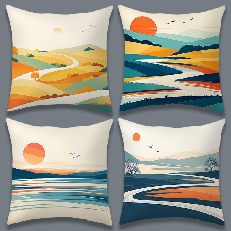 Double-Sided Printed Throw Pillow Covers, Abstract Mountain & Sunset River Print Cushion Cases, Serene Scandi Home Decor Bedroom