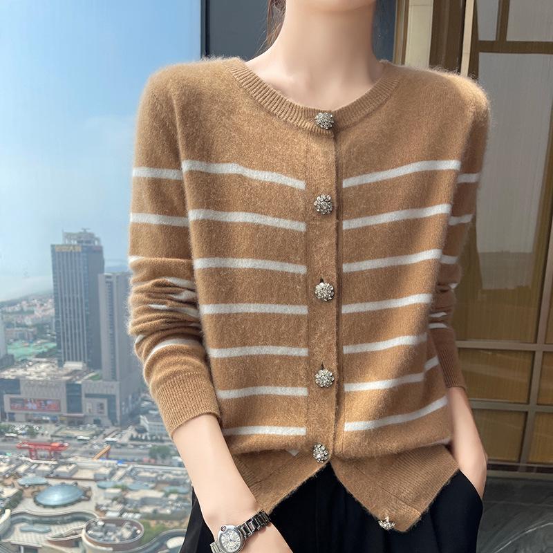 Women's Autumn Winter Cashmere Stripe Knit Cardigan - Round Neck, Versatile Loose Sweater
