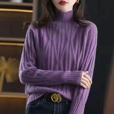 Cable Knit Sweater Women Autumn Winter Semi High Neck Korean Loose Solid Thick Outerwear Knit Top