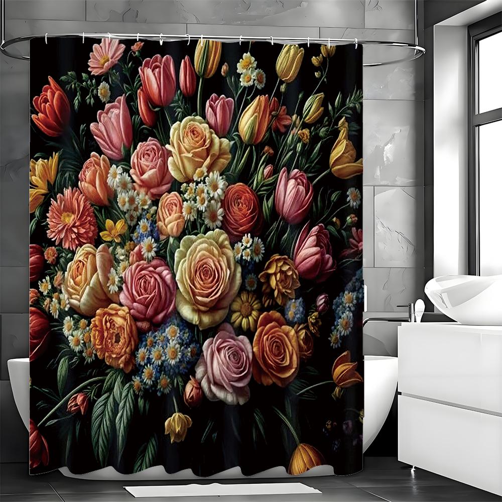 Frühlingsbunter Blumenduschvorhang, Dekorativer Duschvorhang für das Badezimmer, Wasserdichter Duschvorhang mit Haken