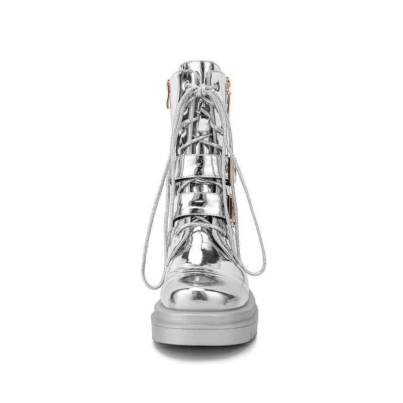 Fashion Silver Belt Buckle Cross Strap Rhinestone Short Boots Casual Motorcycle Thick Sole Knight Boots Women Winter Silver  Boots