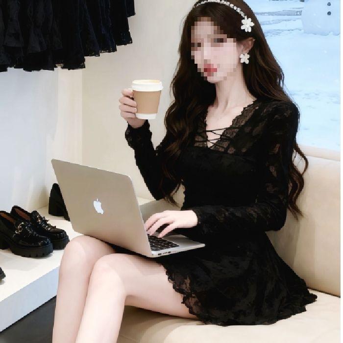 

Pure desire sexy V-neck lace splicing long-sleeved dress women s autumn new high-end slim and thin a-word short skirt S