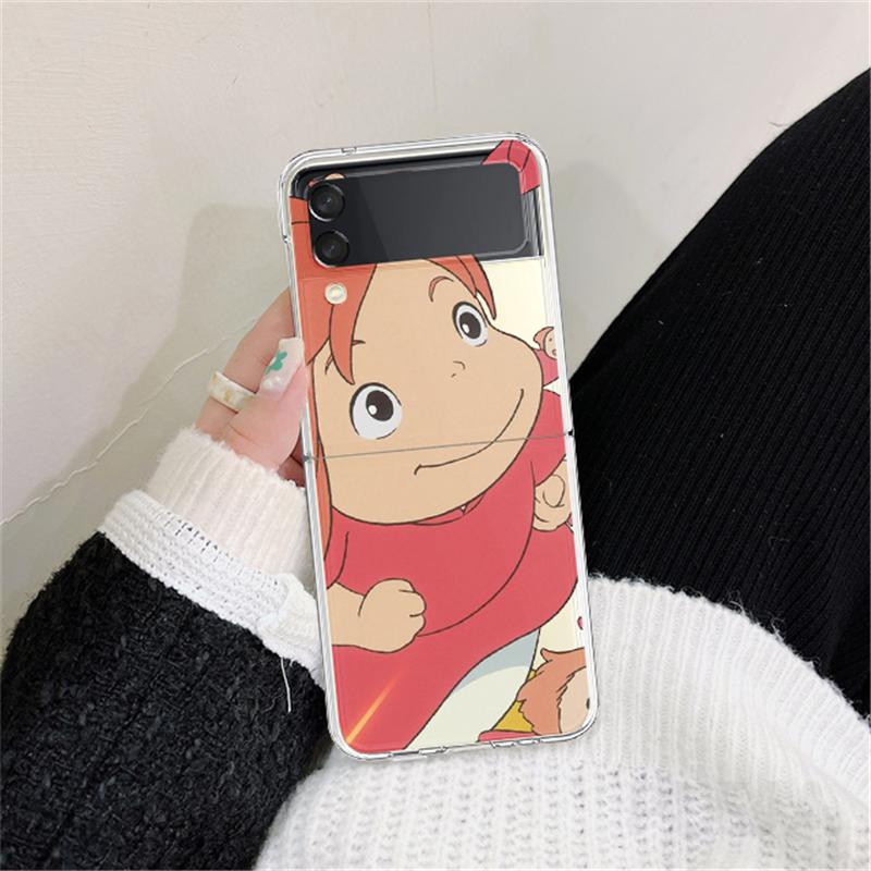 Tvrdý Průhledný Kryt pro Samsung Galaxy Z Flip3 5G Pouzdra Zadní Kryt Z Flip 3 Průhledný Kryt Japonsko Roztomilý Kreslený Anime Ponyo Nárazník