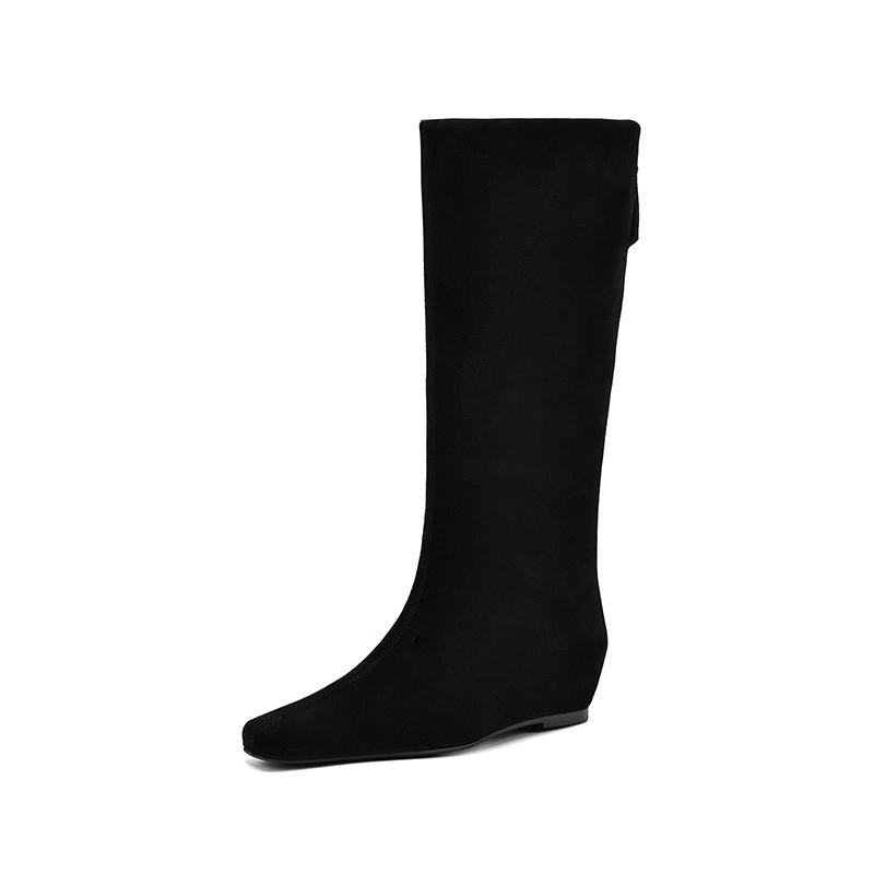 Fashion 2025 New Autumn Knee-high Boots Cow Suede Leather Women Shoes Square Toe Slip-on Western Modern Boots Height Increase Long Boots