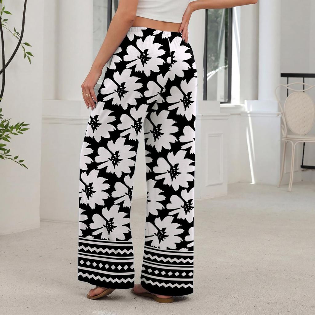Women Loose Fit Wide Leg Trousers Casual High Waist Elastic Waistband Printed Long Pants for Everyday Wear